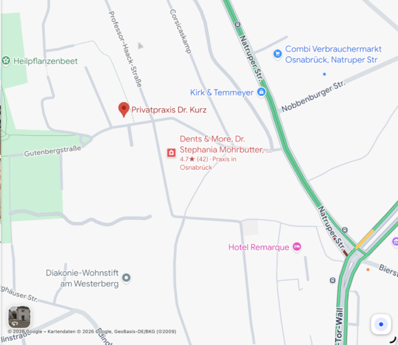 Kartenausschnitt Praxisadresse Gutenbergstraße 28 A, 49076 Osnabrück