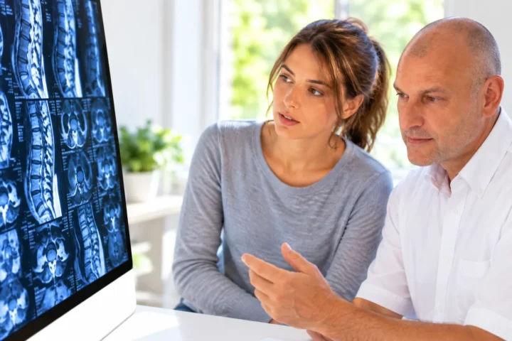 Dr. Kurz bespricht ein MRT der LWS mit einer Patientin